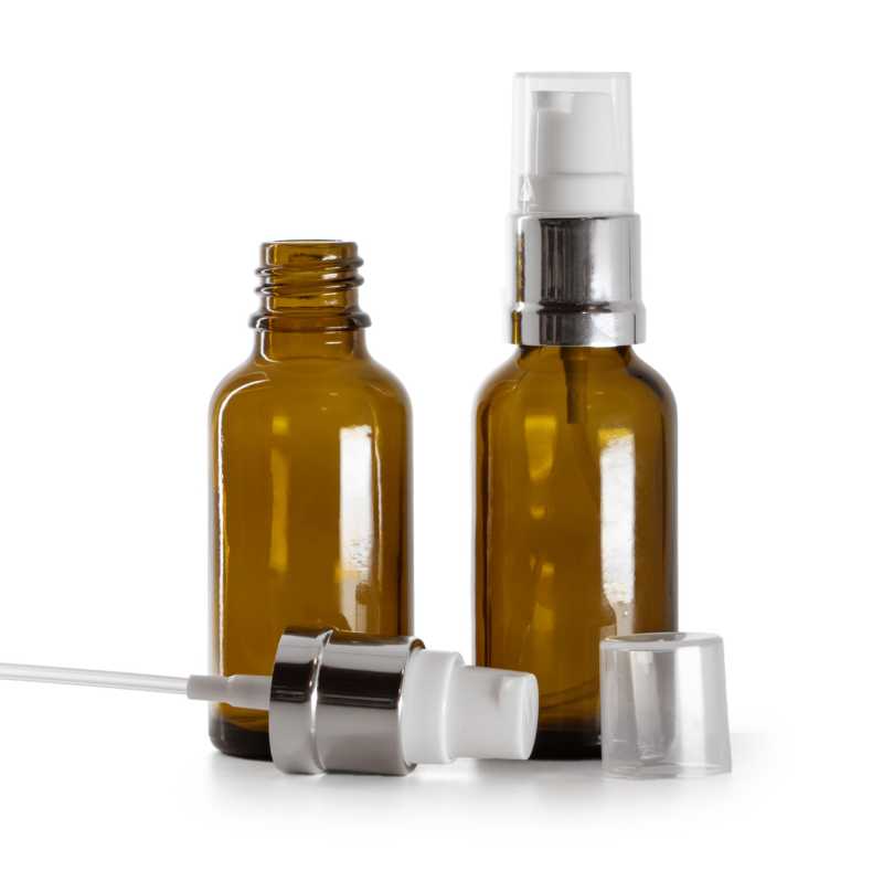 Flacon en verre d'Ambre, pompe en argent brillant blanc, 30 ml