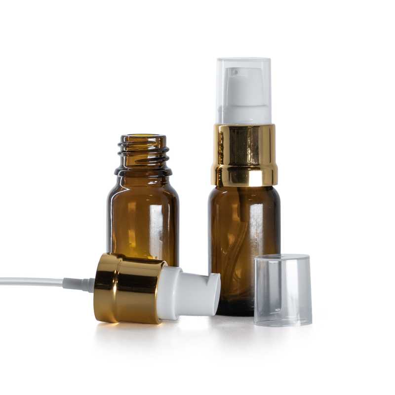 Flacon en verre d'Ambre, pompe en or blanc brillant, 10 ml