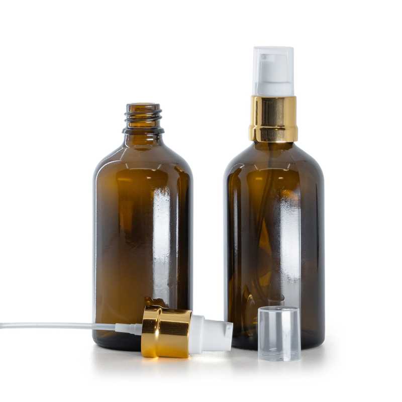 Flacon en verre d'Ambre, pompe en or blanc brillant, 100 ml