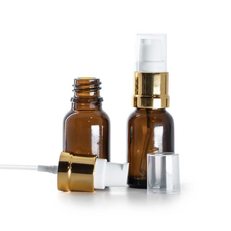 Flacon en verre d'Ambre, pompe or blanc brillant, 15 ml