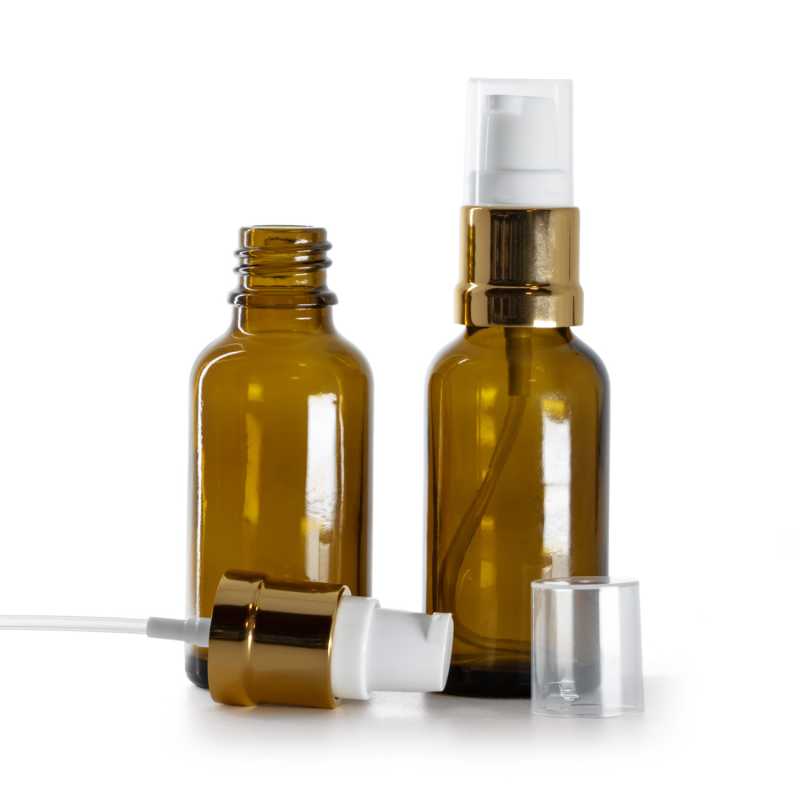 Flacon en verre d'Ambre, pompe en or blanc brillant, 30 ml