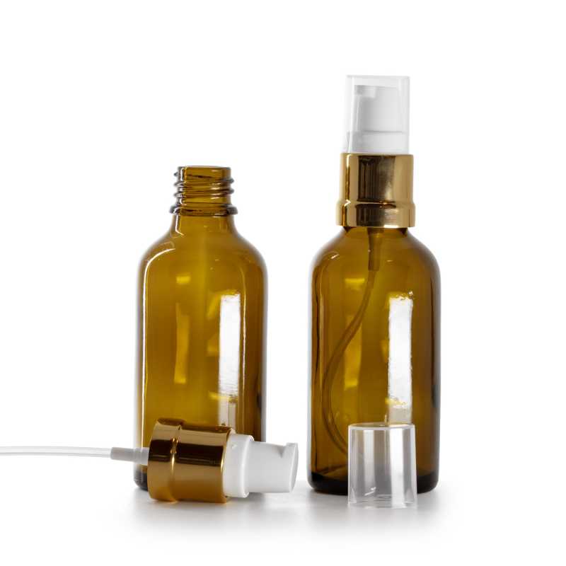 Flacon en verre d'Ambre, pompe en or blanc brillant, 50 ml