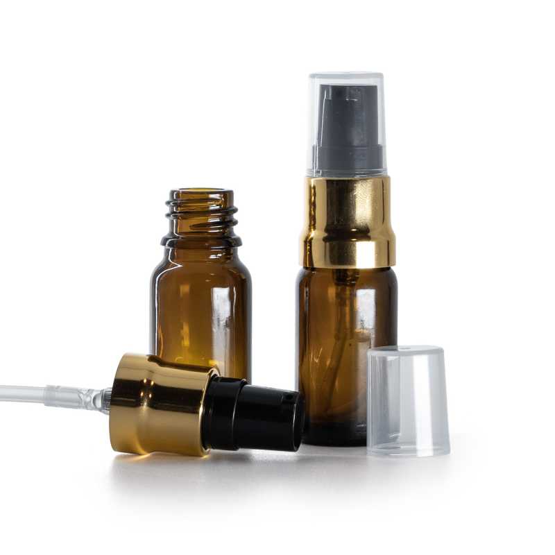Flacon en verre ambré, pompe en or noir brillant avec bouchon transparent, 10 ml