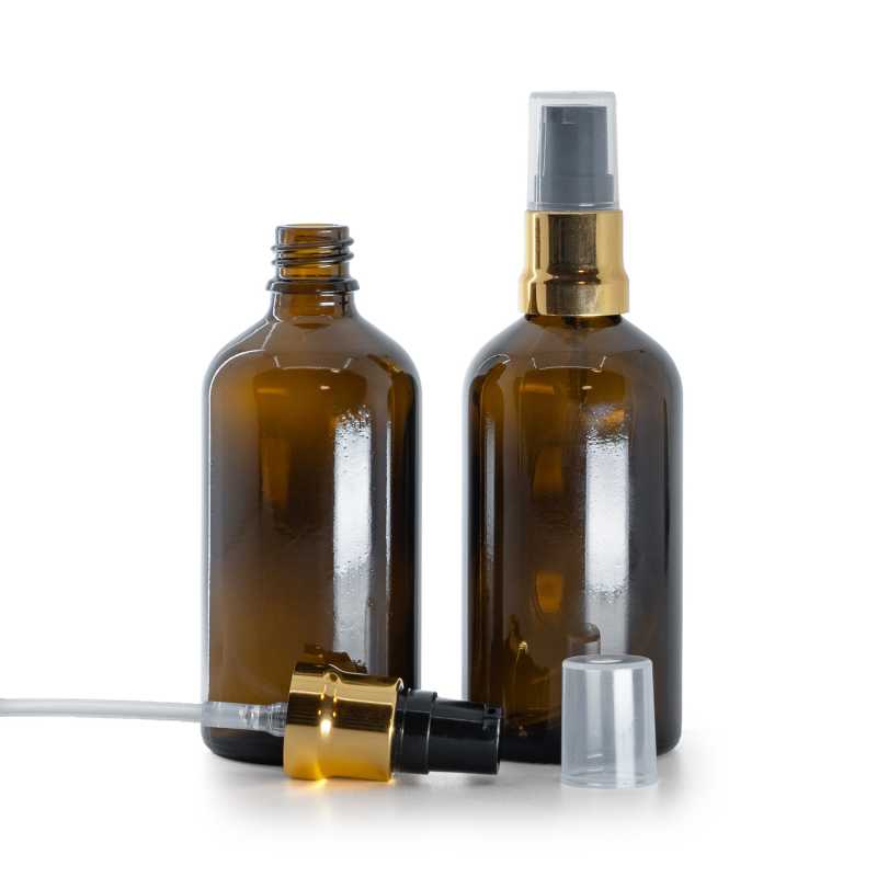 Bouteille en verre ambré, pompe noire dorée brillante avec bouchon transparent, 100 ml
