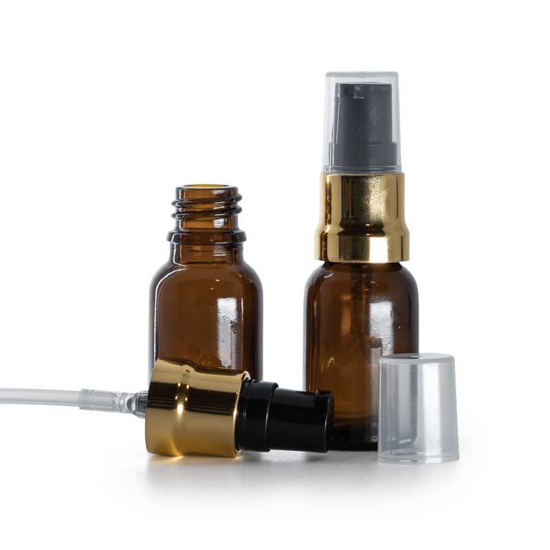 Flacon en verre ambré, pompe en or noir brillant avec bouchon transparent, 15 ml