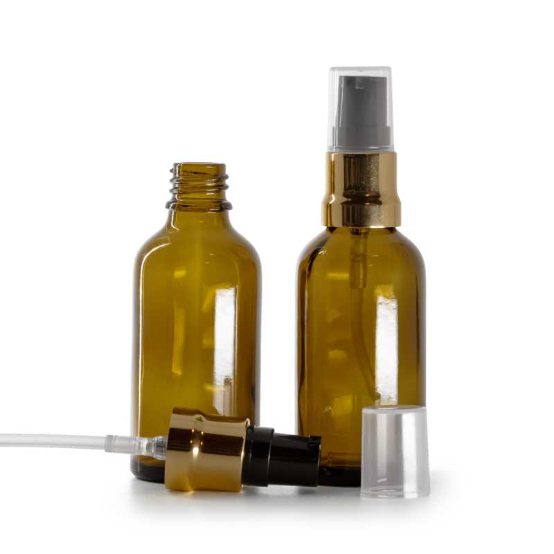 Flacon en verre ambré, pompe noire dorée brillante avec bouchon transparent, 50 ml