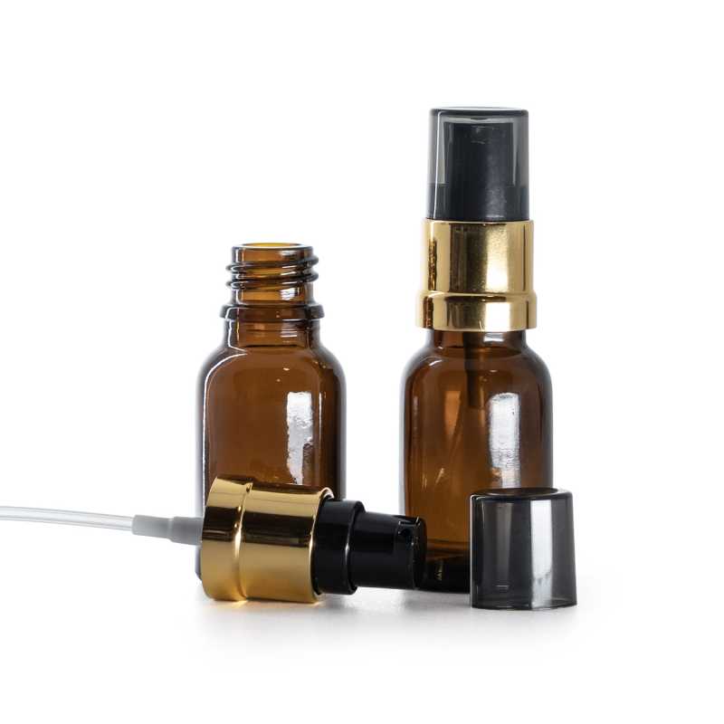 Flacon en verre ambré, pompe en or noir brillant, 15 ml