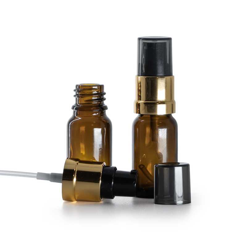 Flacon en verre ambré avec pompe brillante noir et or, 10 ml