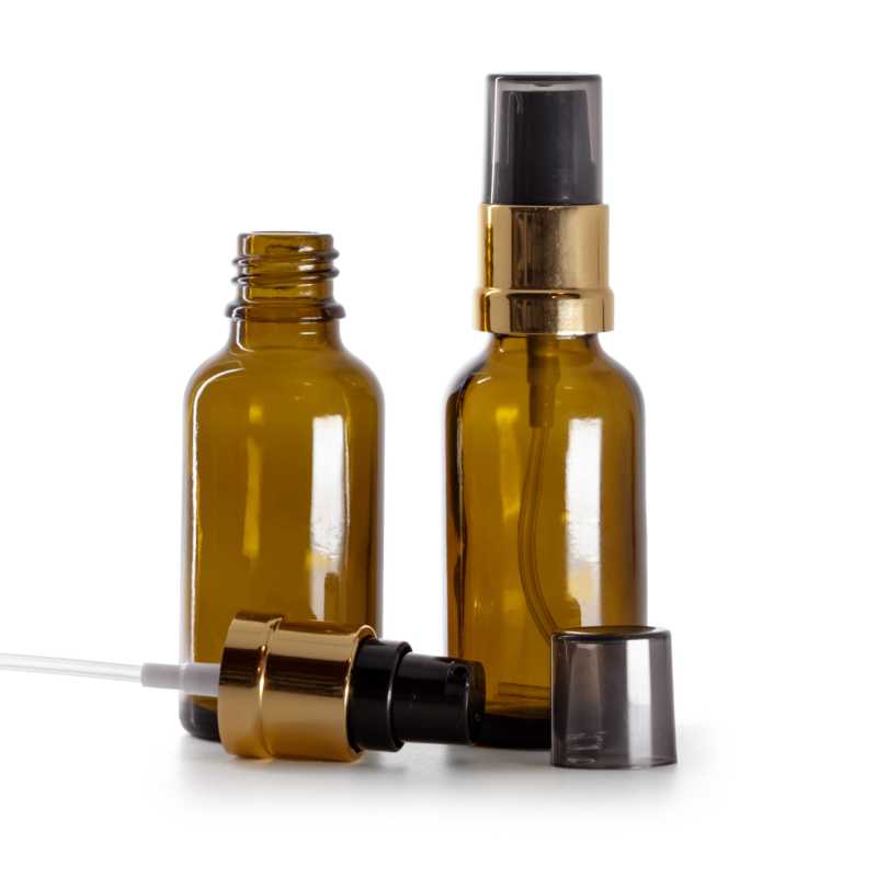 Flacon en verre brun, pompe noire et dorée brillante avec surcapuchon fumé, 30 ml