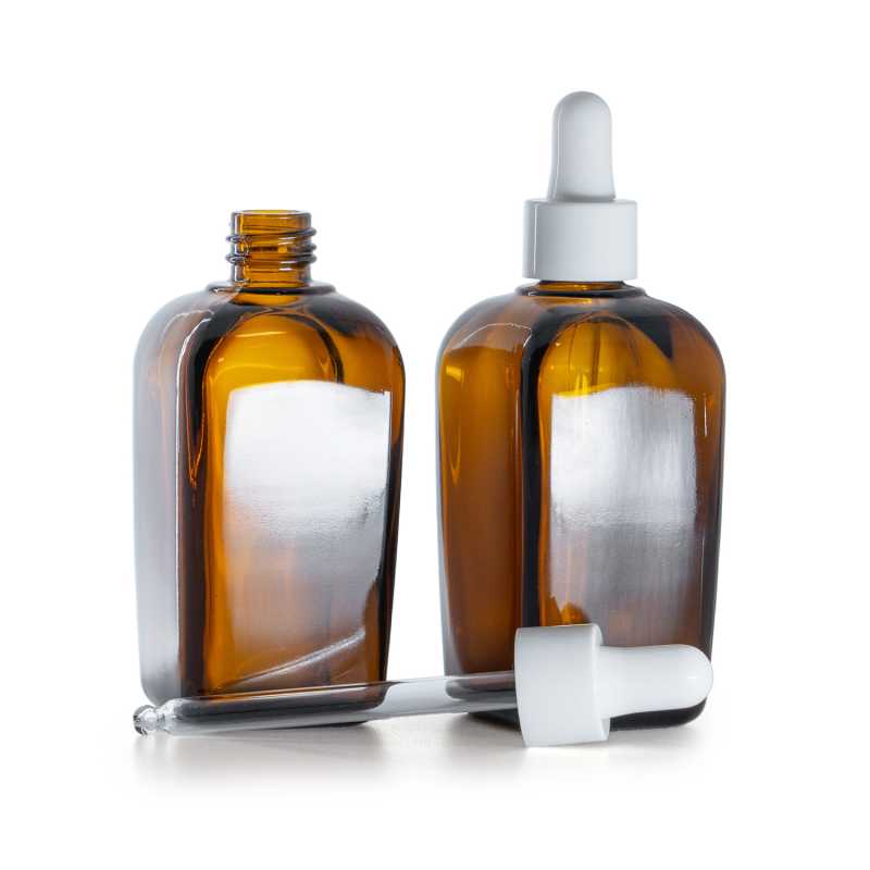 Bouteille carrée en verre ambré, compte-gouttes blanc brillant, 90 ml