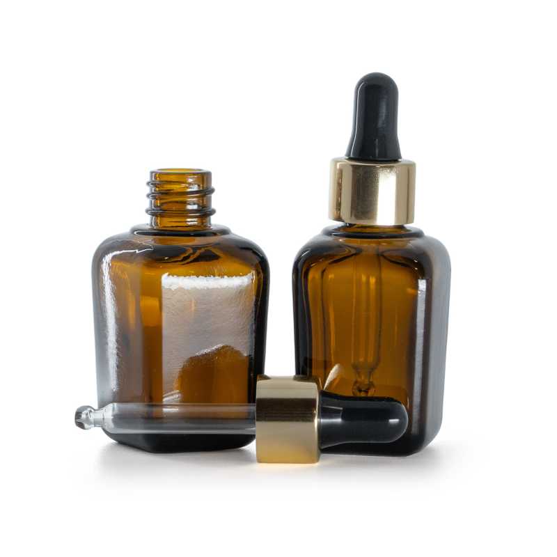 Bouteille carrée en verre ambré, compte-gouttes noir doré, 30 ml