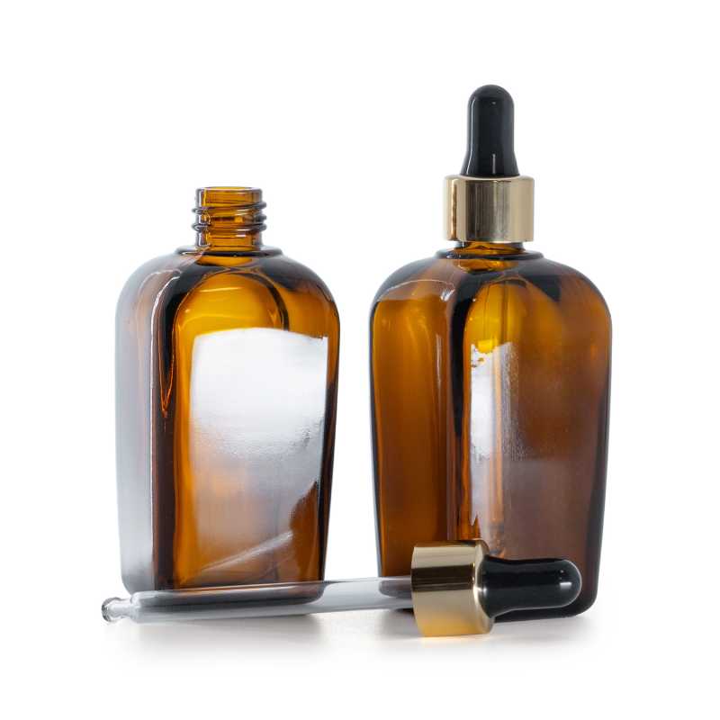 Bouteille carrée en verre ambré, compte-gouttes noir doré, 90 ml