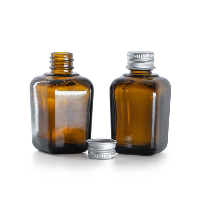 Bouteille carrée en verre ambré, bouchon en aluminium argenté, 30 ml