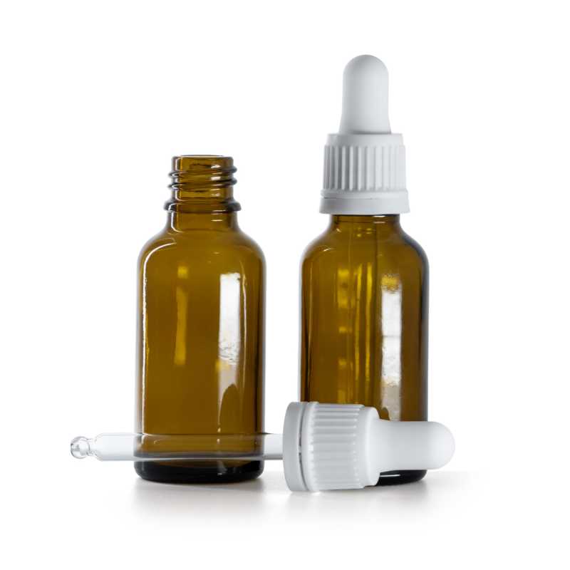 Flacon en verre ambré, compte-gouttes blanc, 30 ml