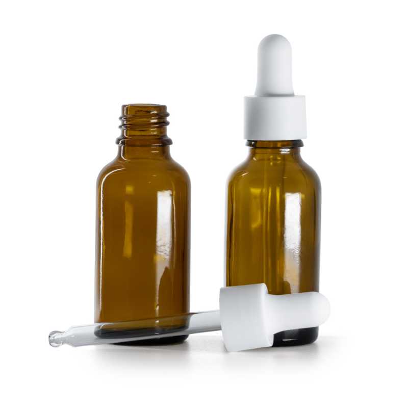 Flacon en verre ambré, compte-gouttes blanc lisse et mat, 30 ml