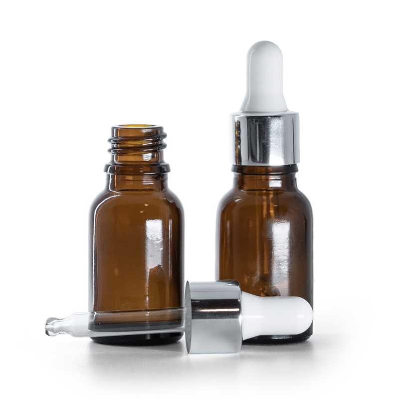 Flacon en verre ambré avec pipette argentée brillante 15 ml