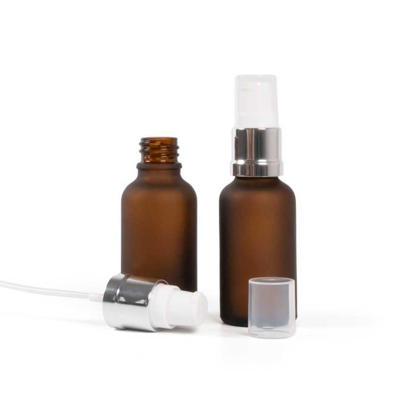 Flacon en verre ambré mat, pompe en argent blanc brillant, 30 ml