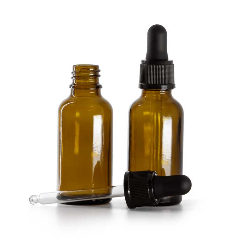 Flacon en verre ambré, compte-gouttes noir mat, 30 ml
