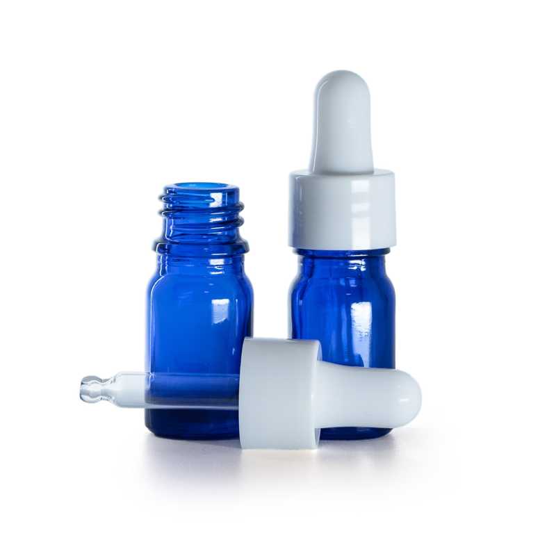 Flacon en verre bleu, compte-gouttes blanc brillant, 5 ml