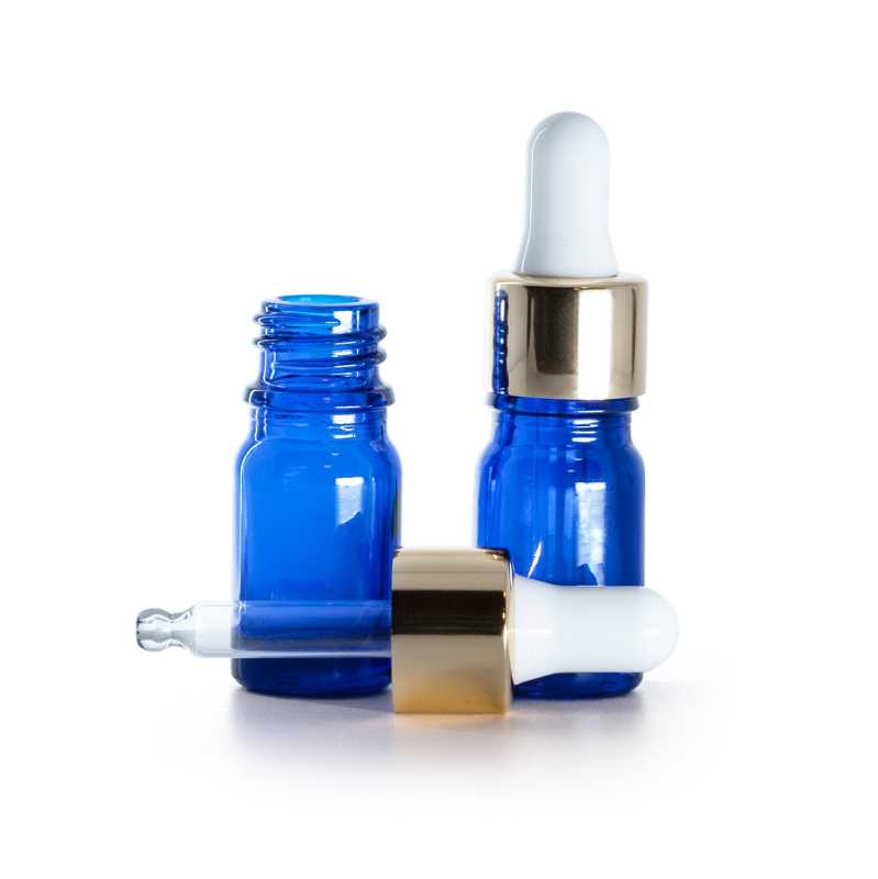 Flacon en verre bleu, compte-gouttes blanc doré, 5 ml