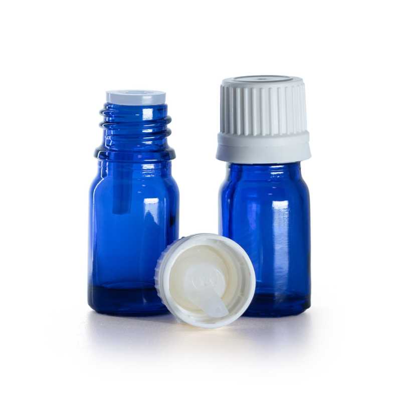 Flacon en verre bleu, bouchon blanc inviolable et compte-gouttes, 5 ml