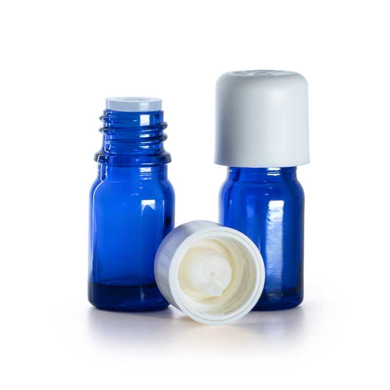 Flacon en verre bleu, bouchon de sécurité blanc et compte-gouttes, 5 ml