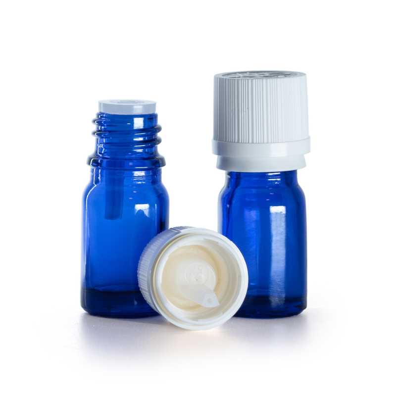 Flacon en verre bleu, bouchon de sécurité blanc inviolable et compte-gouttes, 5 ml