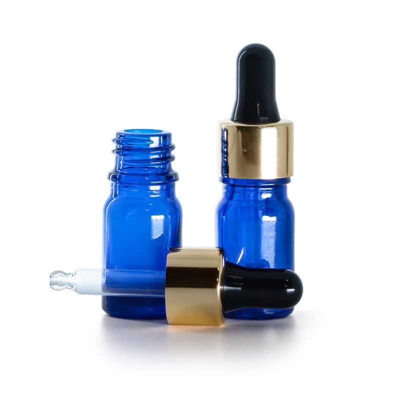Flacon en verre bleu, compte-gouttes noir doré, 5 ml