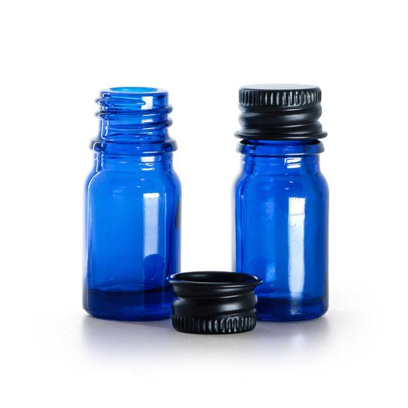 Flacon en verre bleu, bouchon en aluminium noir, 5 ml