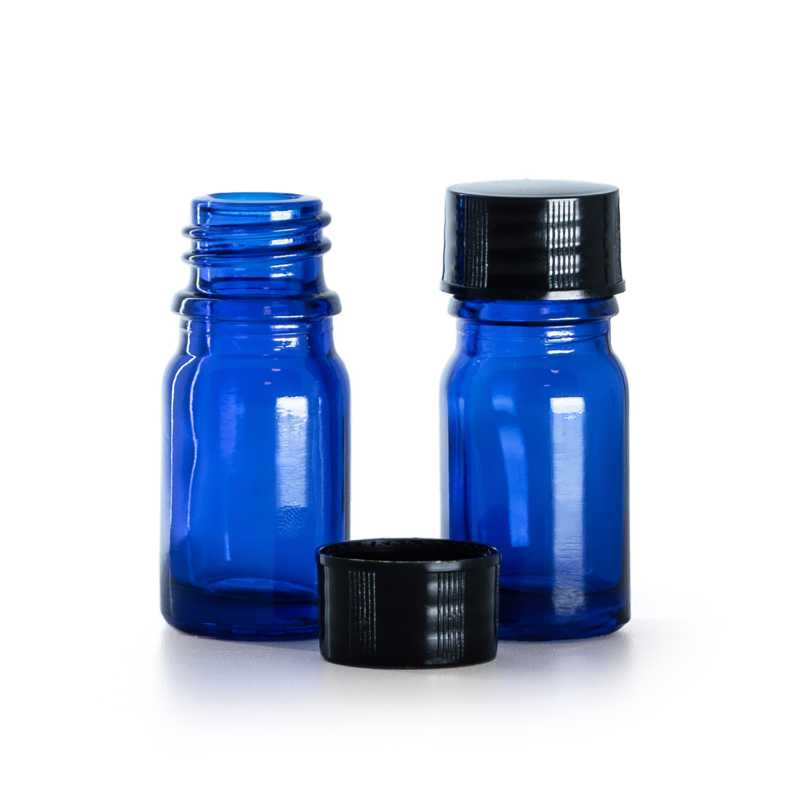 Flacon en verre bleu, bouchon noir, 5 ml