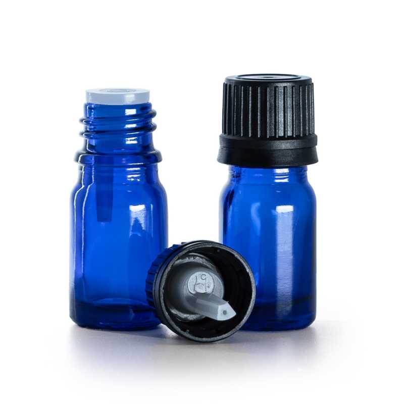 Flacon en verre bleu, bouchon noir et compte-gouttes 5 ml