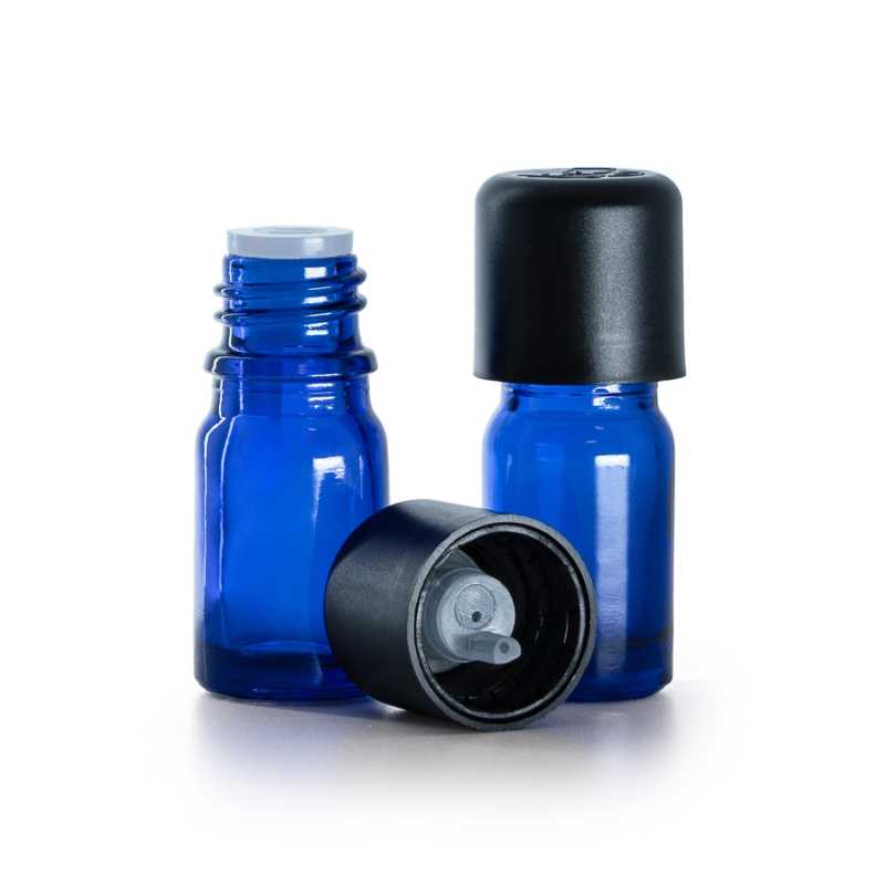 Flacon en verre bleu, bouchon de sécurité noir à témoin d'intégrité et compte-gouttes, 5 ml