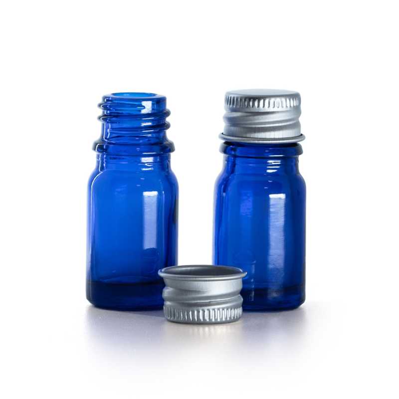 Flacon en verre bleu, bouchon en aluminium argenté, 5 ml