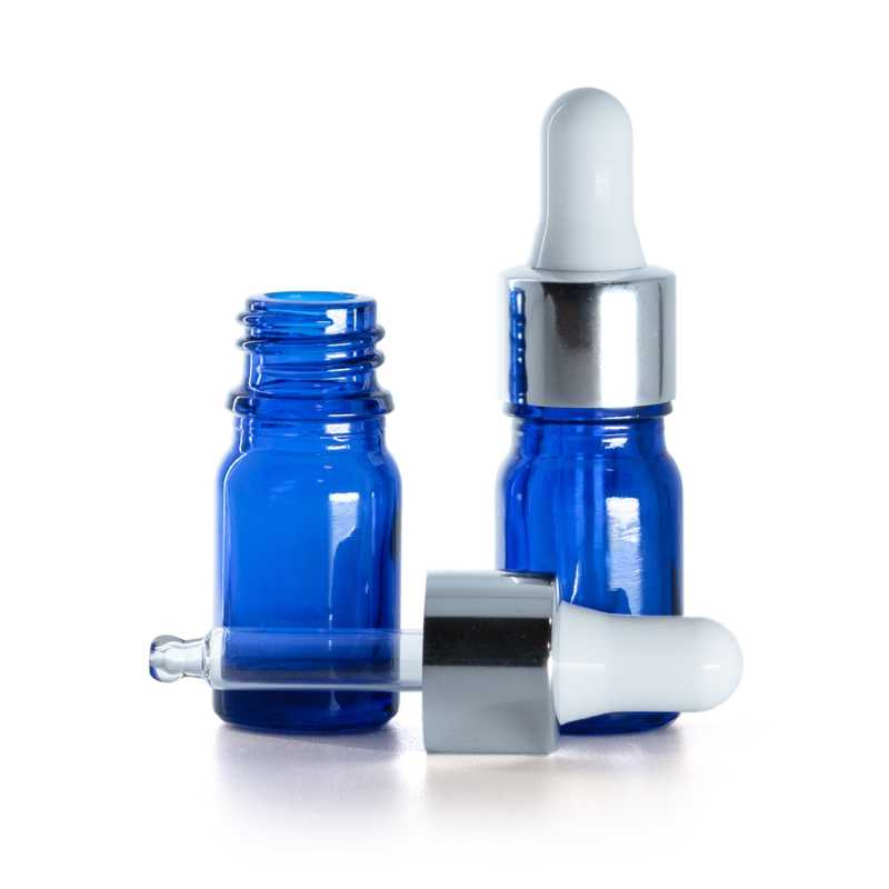 Flacon en verre bleu, compte-gouttes en argent brillant, 5 ml