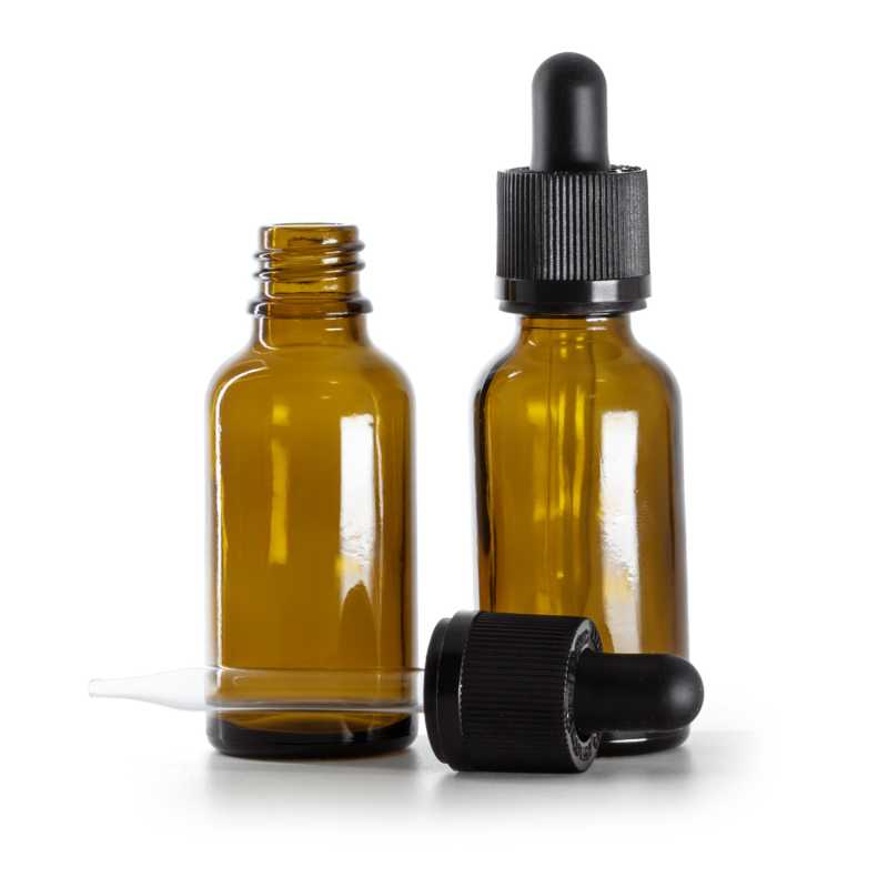 Flacon en verre ambré, compte-gouttes de sécurité noir, 30 ml