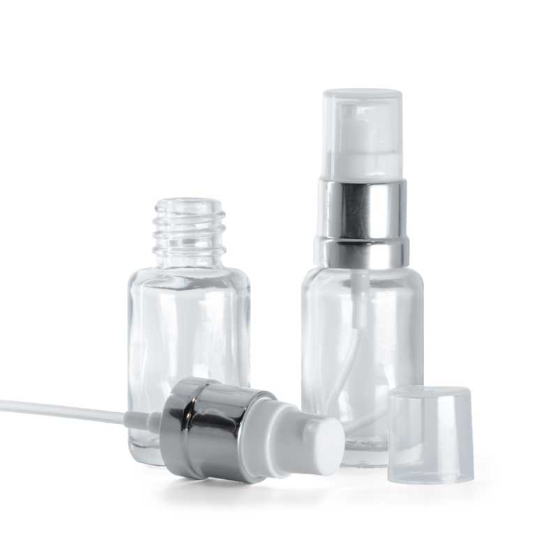 Flacon en verre transparent, rond, pompe en argent brillant blanc, 12 ml