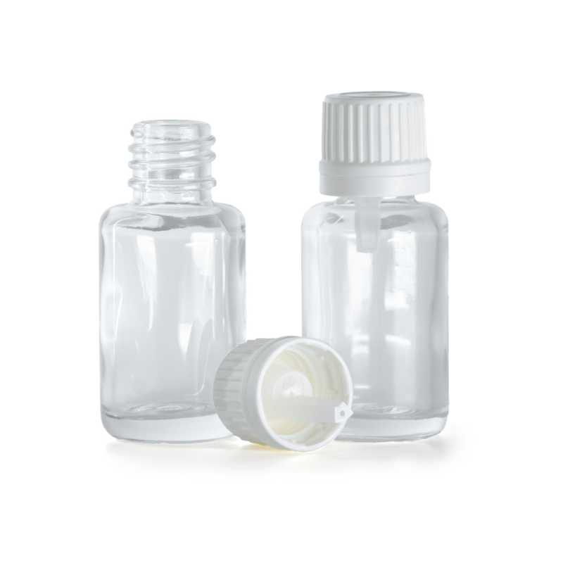 Flacon en verre transparent, rond, bouchon blanc inviolable et compte-gouttes, 12 ml