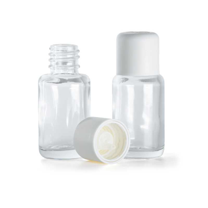 Flacon en verre transparent, rond, bouchon de sécurité blanc et compte-gouttes, 12 ml