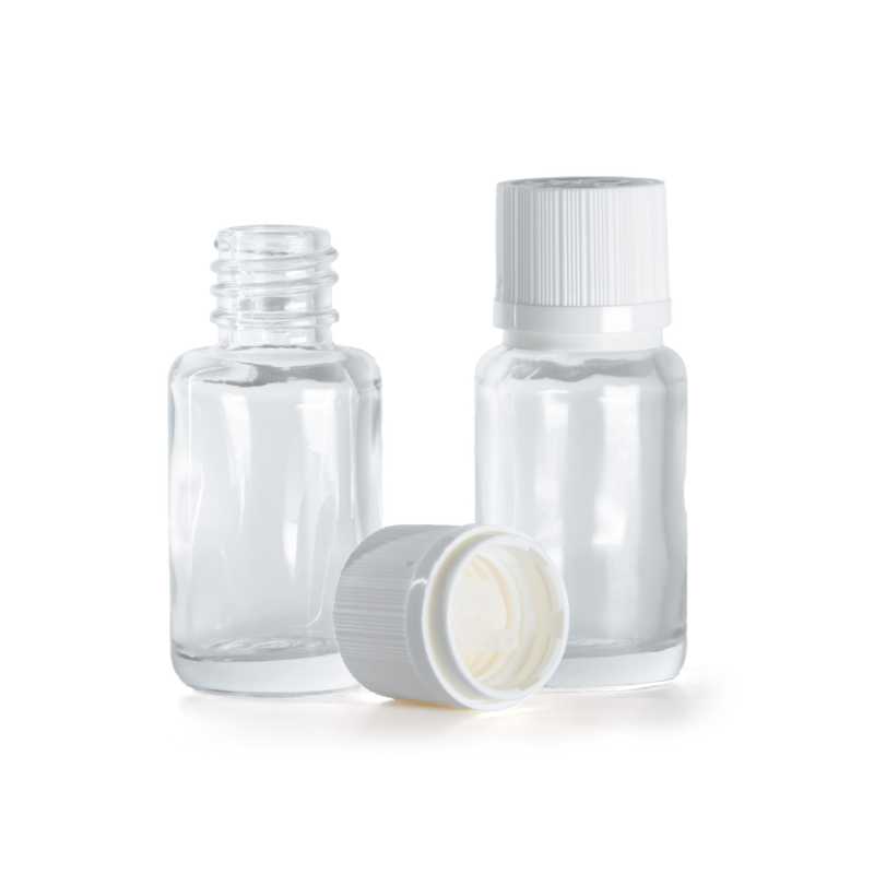 Flacon en verre transparent, rond, bouchon de sécurité blanc inviolable et compte-gouttes, 12 ml