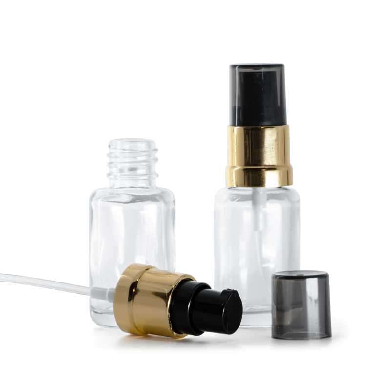 Flacon en verre transparent, rond, pompe noire et dorée brillante avec surcapuchon fumé, 12 ml