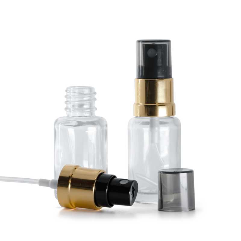 Flacon en verre transparent, rond, spray brillant or noir, surcapuchon fumé, 12 ml