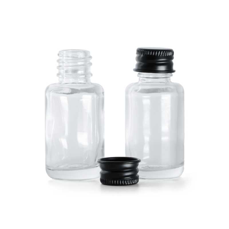 Flacon en verre transparent, rond, bouchon en aluminium noir, 12 ml