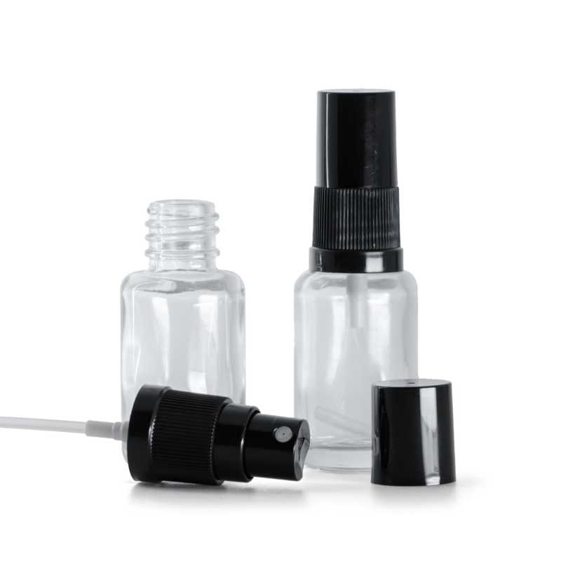 Flacon en verre transparent, rond, vaporisateur noir pour brume fine, bouchon noir, 12 ml