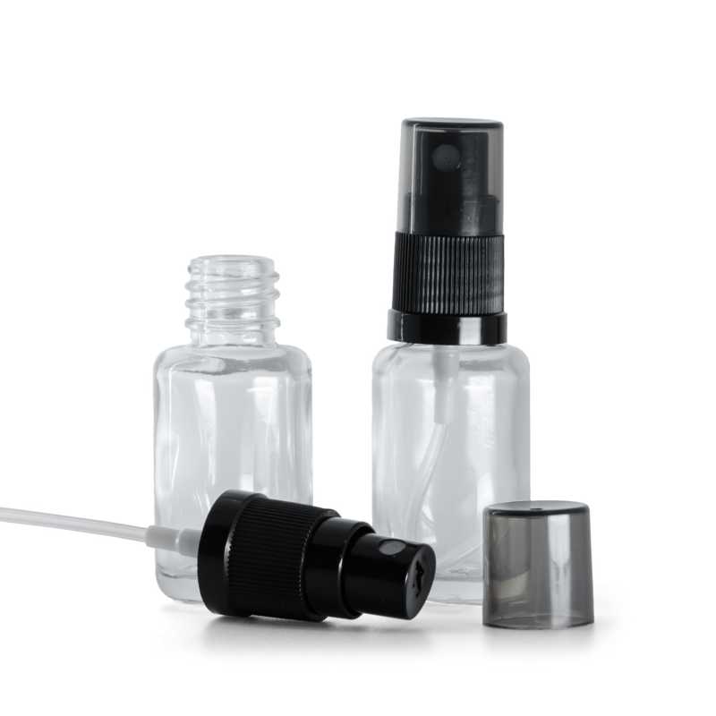 Flacon en verre transparent rond, spray brume fine noir, surcapuchon fumé, 12 ml
