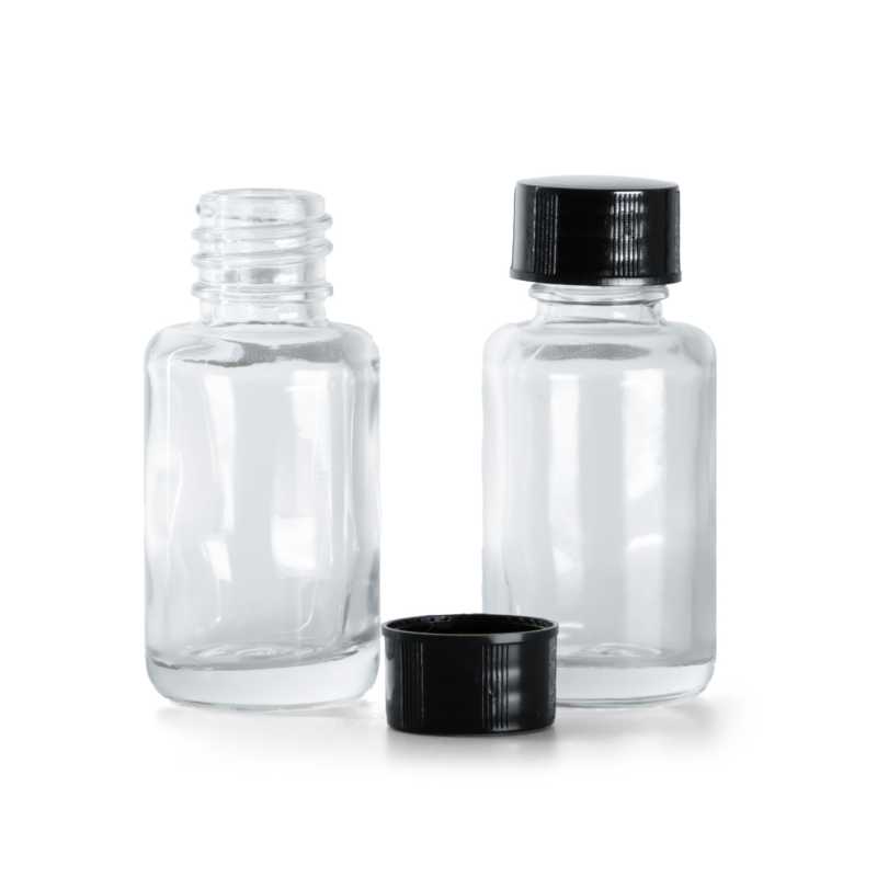 Flacon en verre transparent, rond, bouchon noir, 12 ml