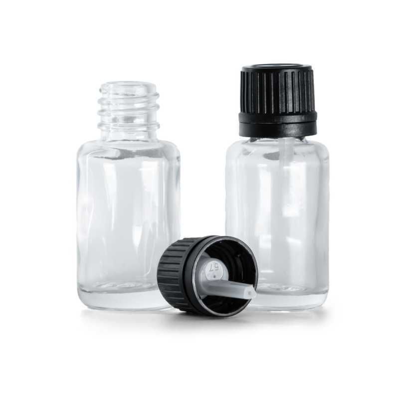 Flacon en verre transparent, rond, bouchon noir et compte-gouttes, 12 ml