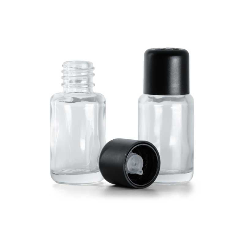 Flacon en verre transparent, rond, bouchon de sécurité noir inviolable et compte-gouttes, 12 ml