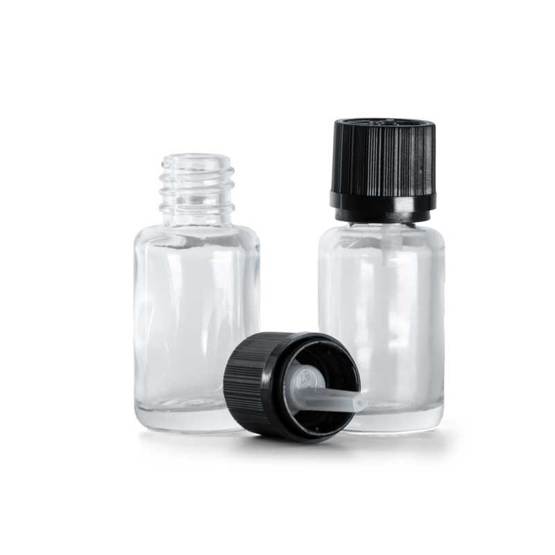 Flacon en verre transparent, rond, bouchon de sécurité noir et compte-gouttes, 12 ml