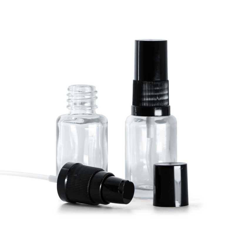 Flacon en verre transparent, rond, pompe à lotion noire avec bouchon noir, 12 ml