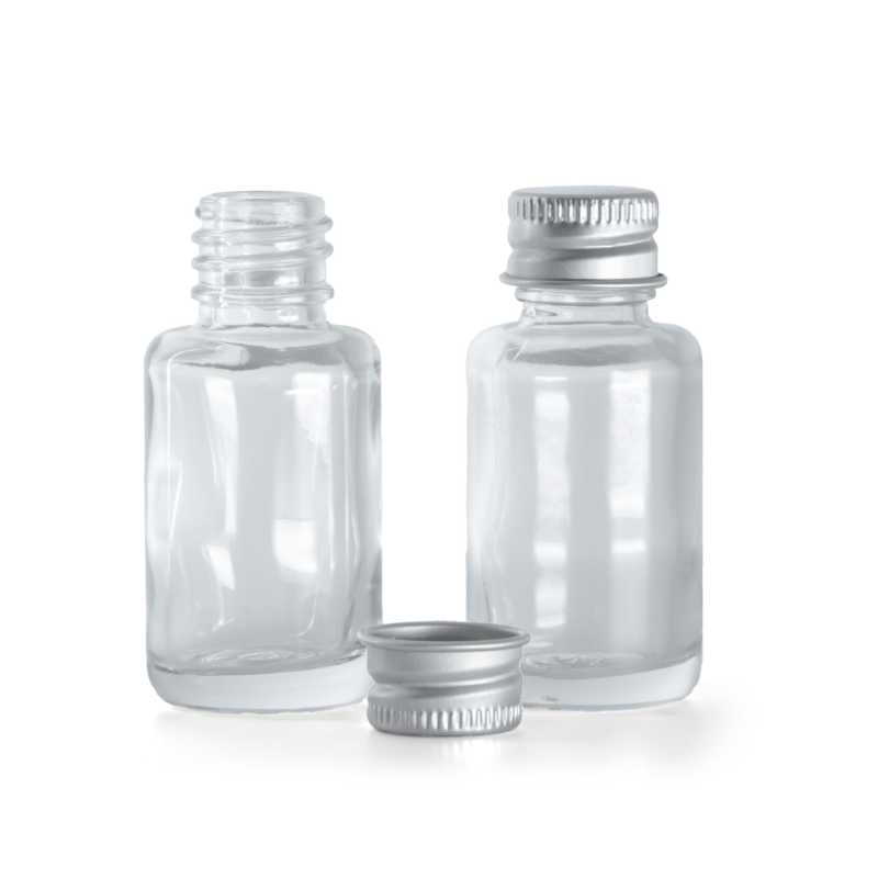 Flacon en verre transparent, rond, bouchon en aluminium argenté, 12 ml